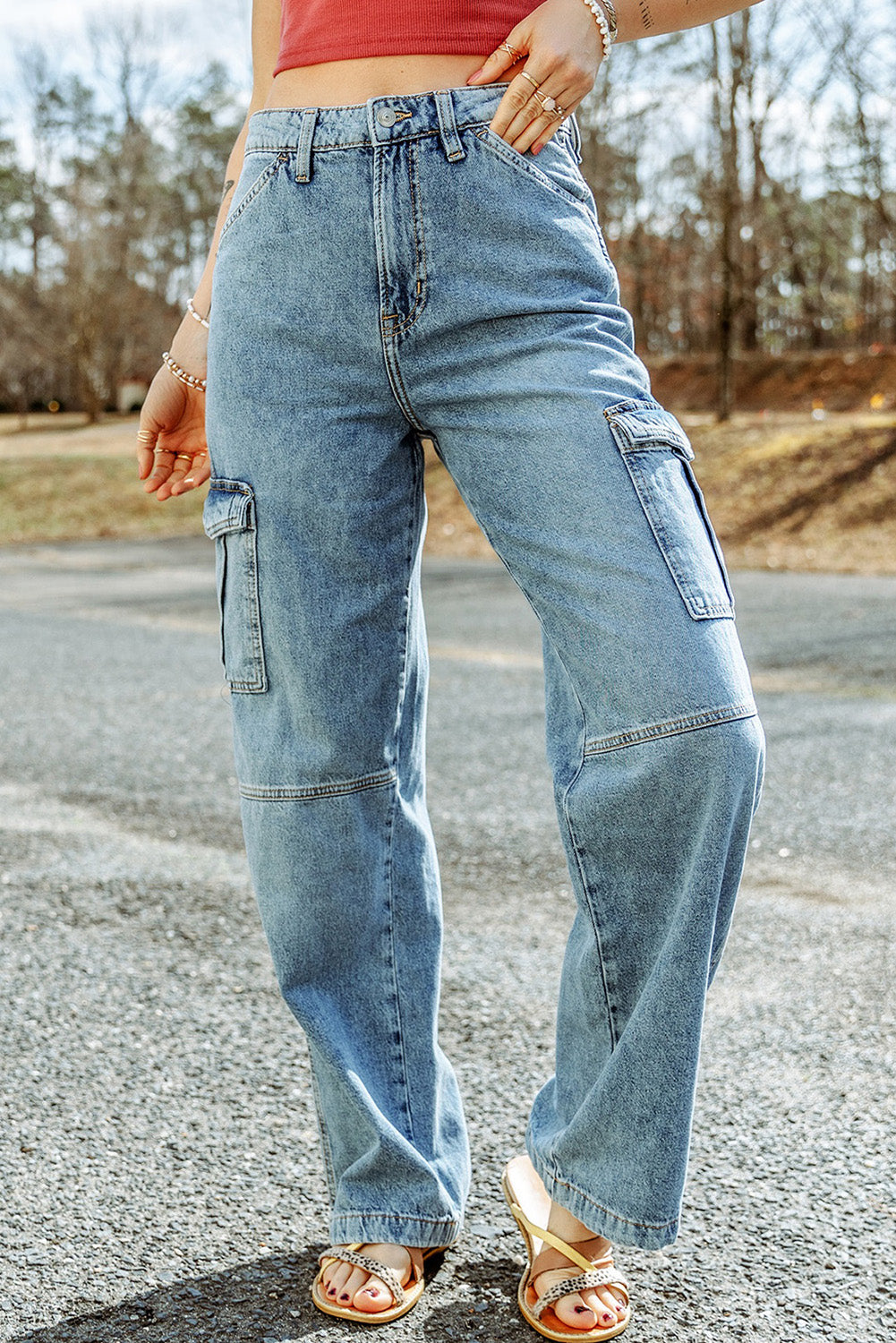 Mango wide leg cargo jeans in light blue wash | ASOS